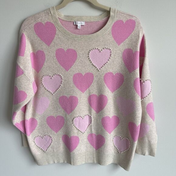 Crown & Ivy Women's Plus Size 2X Pink Heart Pearl Embellished Sweater Preppy - Picture 1 of 14